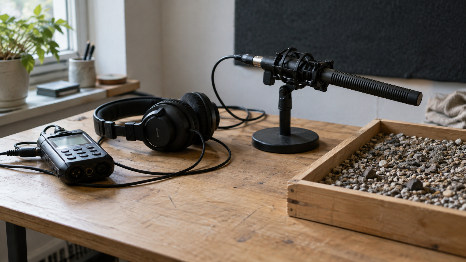 Shotgun microphone, portable audio recorder, headphones and a gravel tray on a naturally lit foley recording desk.